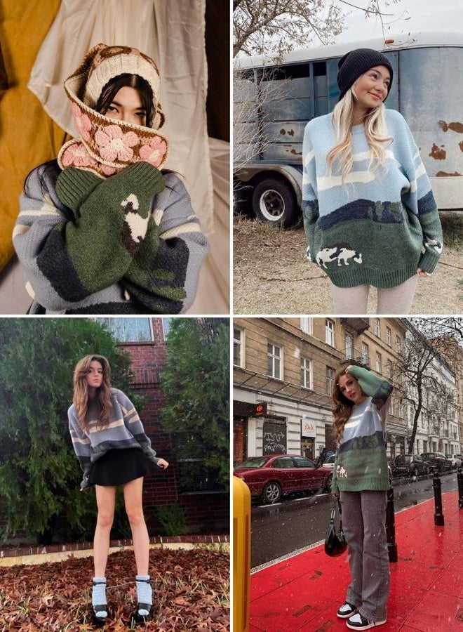 Vamtac Mens Vintage Oversize Cow Sweater Long Sleeve Round Neck Knitted Grassland Pullover Jumper Unisex Streetwear Sweaters - Image 3
