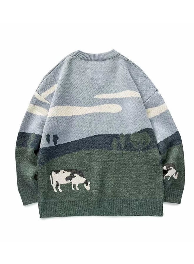 Vamtac Mens Vintage Oversize Cow Sweater Long Sleeve Round Neck Knitted Grassland Pullover Jumper Unisex Streetwear Sweaters - Image 5
