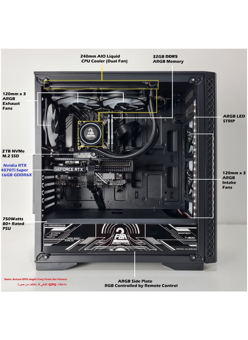 Liquid Cooled ARGB Gaming PC, AMD 7800X3D, Nvidia RTX 4070 Ti Super, 32GB DDR5, 2TB NVME M.2 SSD, 750Watts PSU, Windows 11 pro, 1 Year Warranty