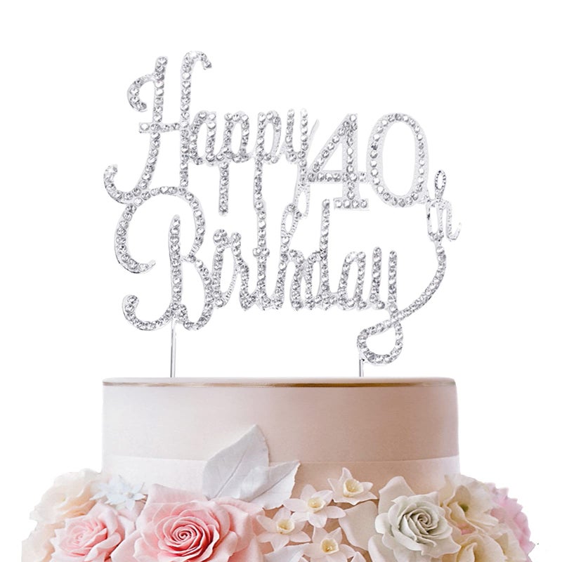 LINGTEER Happy 40th Birthday Silver Sparkly Rhinestone Cake Topper Cheers to Forty Years Old Bday Gift Keepsake Party Decoration - Image 2