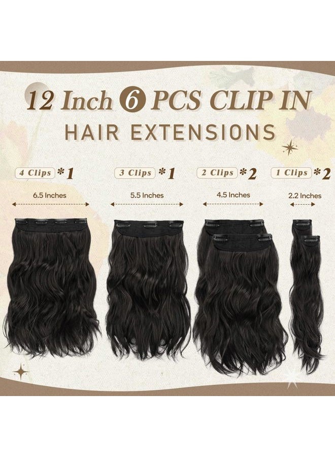 BARSDAR Clip-In Hair Extensions Black Brown 30 cm Wavy Short Clip-In Extensions for Women 6 Pieces Full Head Thick Synthetic Hairpieces Extensions - Black Brown - Image 2