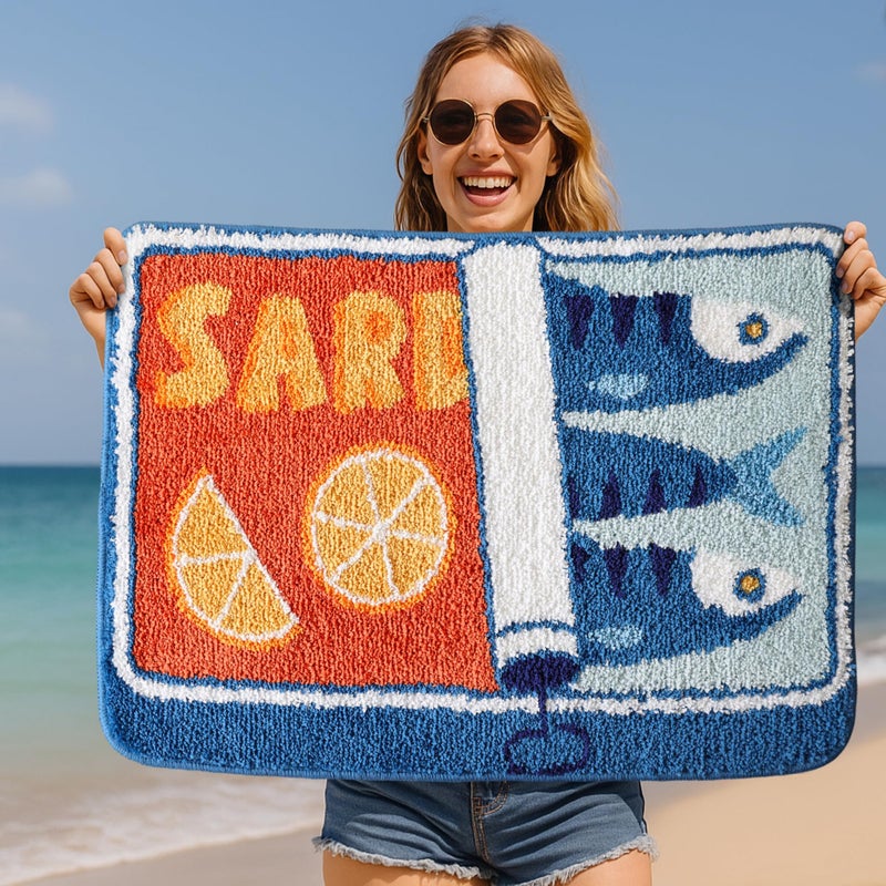 TRUEDAYS Sardine Can Bath Mat, Blue Bathroom Rugs for Bedroom, Soft Washable Rug Non Slip Cute Kitchen Bath Mats for Bathroom Funny Cartoon Fish and Lemon - Image 2