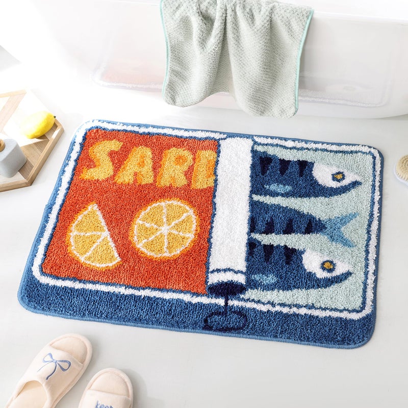 TRUEDAYS Sardine Can Bath Mat, Blue Bathroom Rugs for Bedroom, Soft Washable Rug Non Slip Cute Kitchen Bath Mats for Bathroom Funny Cartoon Fish and Lemon - Image 1