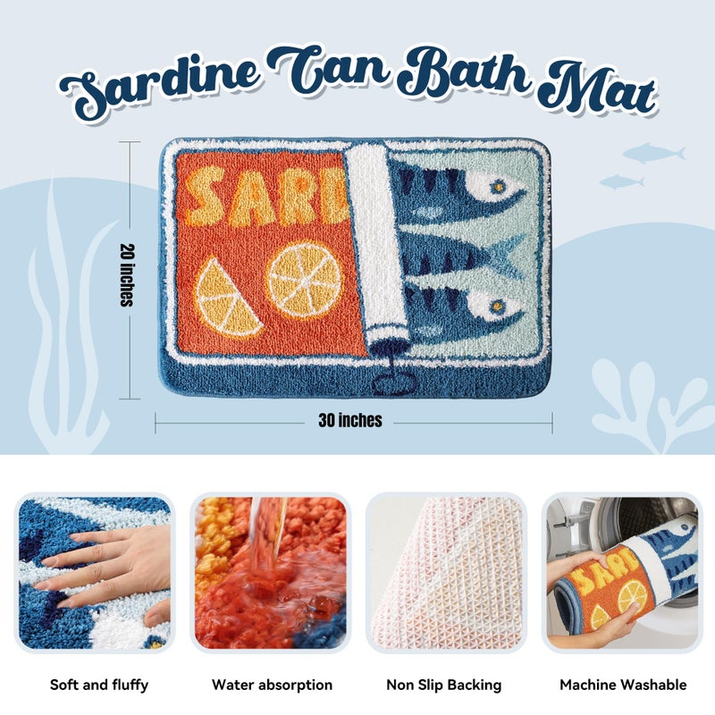 TRUEDAYS Sardine Can Bath Mat, Blue Bathroom Rugs for Bedroom, Soft Washable Rug Non Slip Cute Kitchen Bath Mats for Bathroom Funny Cartoon Fish and Lemon - Image 3