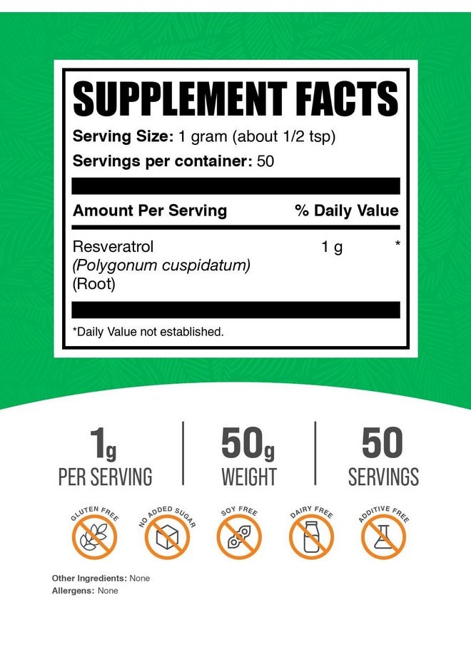بالك سابلمنتس - مسحوق ريسفيراترول من BulkSupplements.com - مكمل ريسفيراترول، بوليجونوم كوسبيداتوم، ريسفيراترول 1000 مجم - مضاد للأكسدة وخالي من الجلوتين، 1000 مجم لكل وجبة، 50 جم (1.8 أونصة) (عبوة من قطعة واحدة) - Image 1