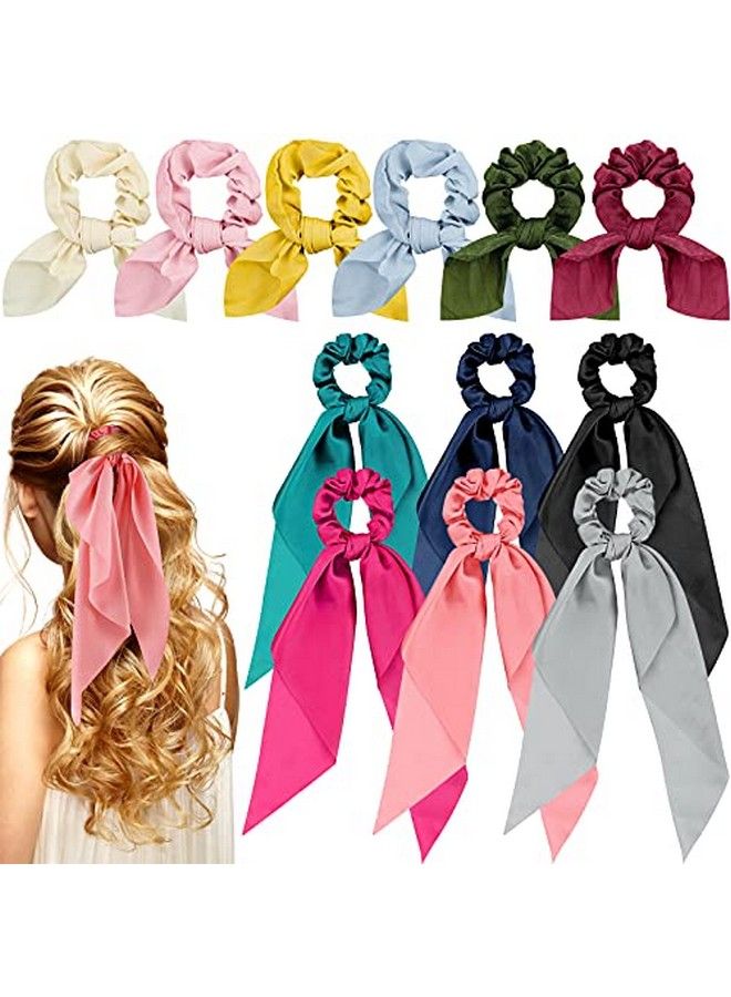 Mtlee 12 Pieces Hair Scarf Scrunes Hair Bow Scrunes For Girls Women Hair Scrunes With Bow Bunny Ear Bowknot Elastic Hair Bands Bow Hair Ties Ponytail Holders (Classic Pattern Fresh Color)  - Image 1