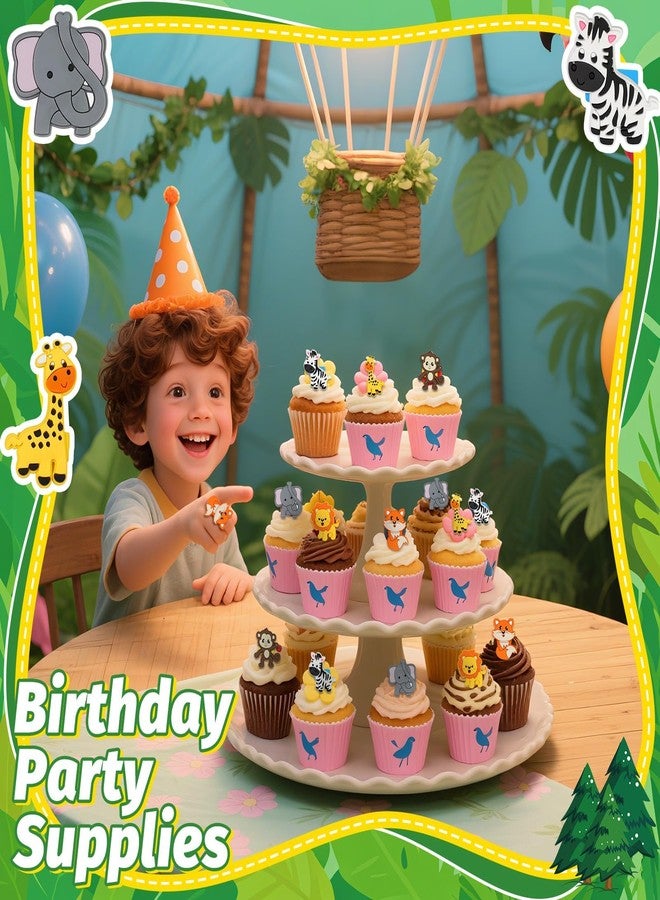 AKAIXI 24 PCS Jungle Animals Cupcake Toppers Forest Theme Cupcake Ring Lion Monkey Zebra Fox Giraffe Elephant Cake Topper for Birthday Baby Shower Oh Baby Party Favor Nursery Wild Party Supplies - Image 4
