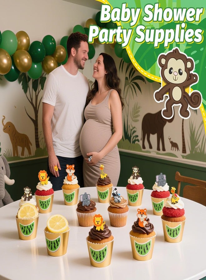 AKAIXI 24 PCS Jungle Animals Cupcake Toppers Forest Theme Cupcake Ring Lion Monkey Zebra Fox Giraffe Elephant Cake Topper for Birthday Baby Shower Oh Baby Party Favor Nursery Wild Party Supplies - Image 5