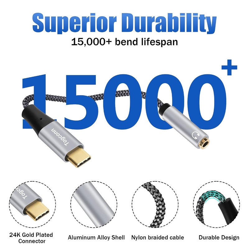 Togconn USB Type C Male to 3.5mm TRRS Female Headphone Jack Adapter 2 Pack, USB C to Aux Audio Dongle Cable Cord, Nylon Braided, Aluminum Shells, for iPhone 15/15 Pro Max, iPad Pro, MacBook, Pixel, Galaxy S24 - Image 2