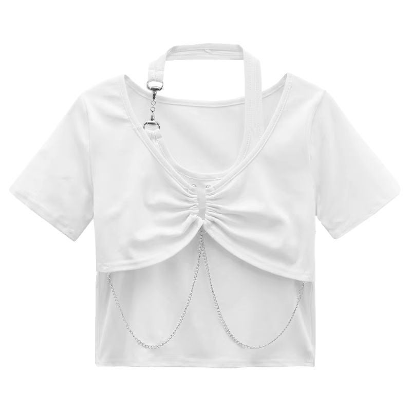 Cross-border 2025 New Pure Spice Girls Fake Two-piece SMS T-shirt Women's Summer American Chic Short Top