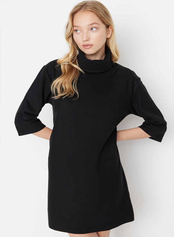 trendyol Black Turtleneck Shift/Straight Mini Thessaloniki Long Sleeve Knitted Dress - Image 3