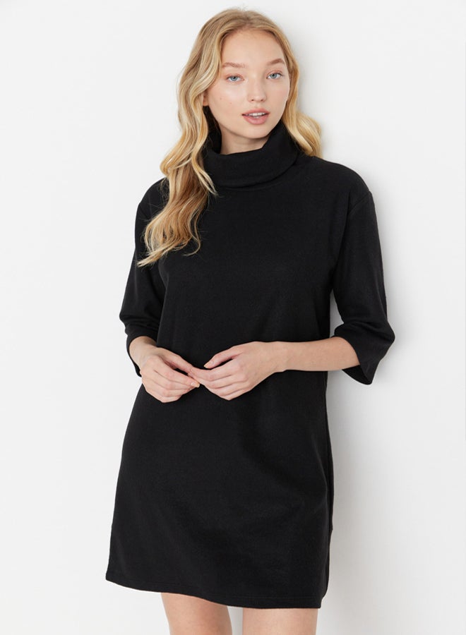 trendyol Black Turtleneck Shift/Straight Mini Thessaloniki Long Sleeve Knitted Dress - Image 2