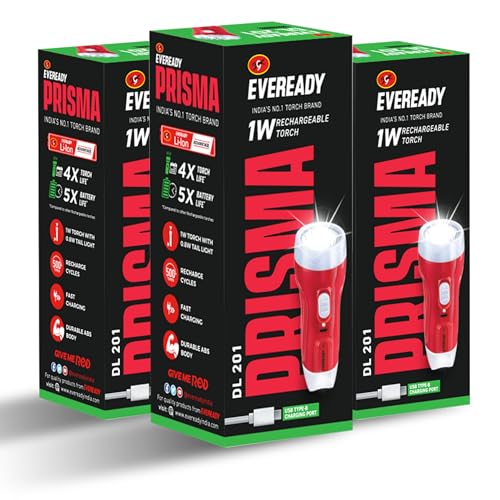 Eveready DL 201 Prisma, 1W Rechargeable Torch, LED, Comes with 0.8W Tail Light, Pack of 3 - Image 1