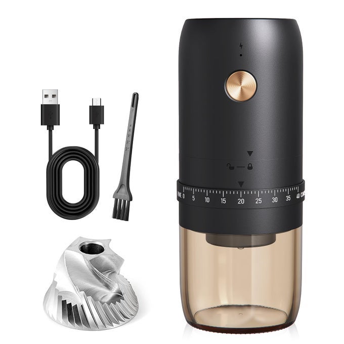 PORTABLE ELECTRIC COFFEE GRINDER UPGRADED EXTERNAL ADJUSTABLE 40 LEVELS FINE TO COARSE SETTINGS STAINLESS STEEL CONICAL BURR RECHARGEABLE AND FASTER GRINDING FOR OFFICEHOMECAMPINGTRAVELBLACK