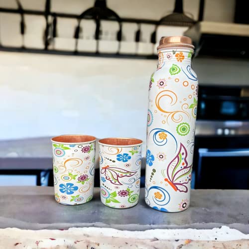 Piepot Copper Water Bottle 1 Ltr | Copper Water Bottle with Glass Set | Meena Work | 100% Pure | Leak-Proof | 2 Water Glass 300ml each | Best for Gifting (Meena Printed) - Image 2