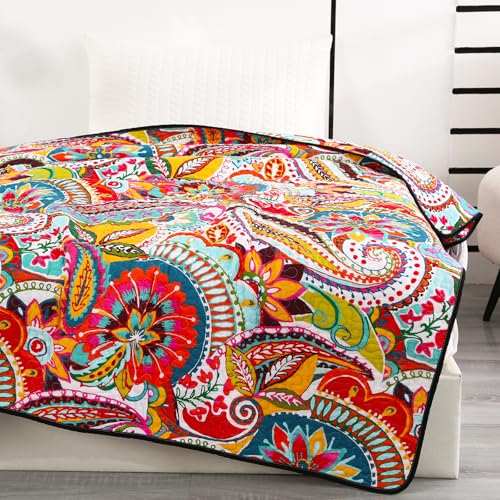 Qucover Cotton Quilted Throw Blanket, Soft Boho Quilt 59"x79", Bright Colorful Red, Orange, Pink and Blue Reversible Paisley Lightweight Quilts for Couch Sofa Beds - Image 4