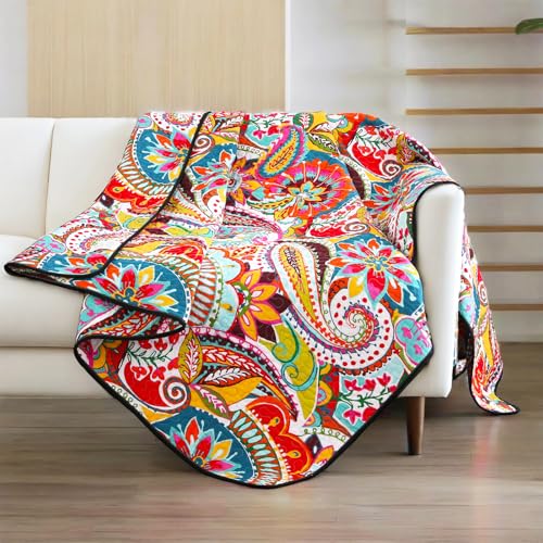 Qucover Cotton Quilted Throw Blanket, Soft Boho Quilt 59"x79", Bright Colorful Red, Orange, Pink and Blue Reversible Paisley Lightweight Quilts for Couch Sofa Beds - Image 2