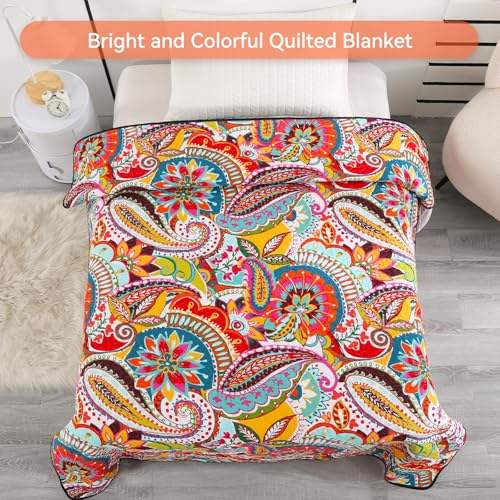 Qucover Cotton Quilted Throw Blanket, Soft Boho Quilt 59"x79", Bright Colorful Red, Orange, Pink and Blue Reversible Paisley Lightweight Quilts for Couch Sofa Beds - Image 5