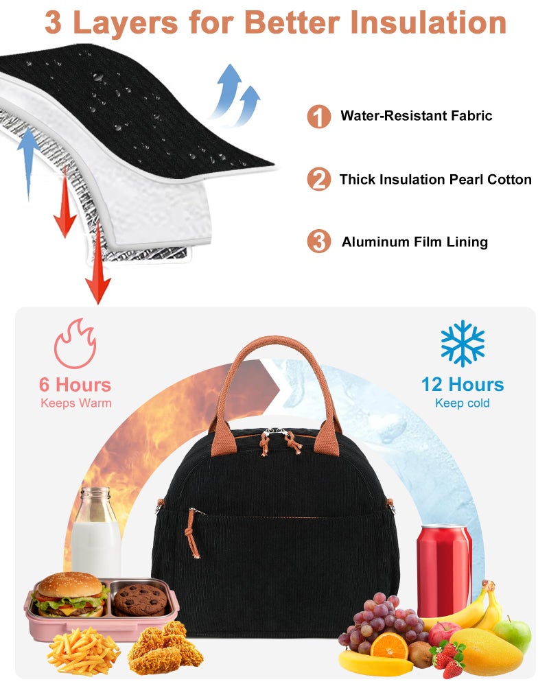 Bluboon Lunch Bag for Women Cute Corduroy Lunch Tote Bags with Shoulder Strap Reusable Insulated Lunch Box Large Capacity Reusable Insulated Cooler for Work Picnic or Travel (13L) - Image 3