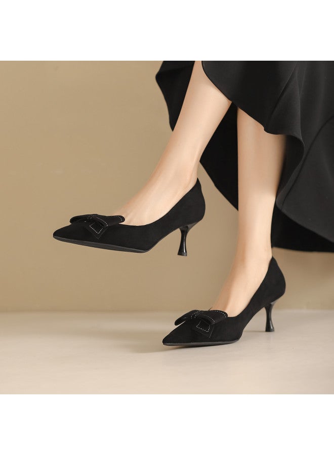 Amore Elegant French Classic Single Shoes For Women, Spring And Summer Style, Bow-tie Detail, Slim Heel, Suede High Heels For Women - Image 3