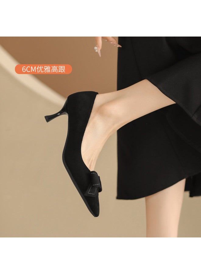Amore Elegant French Classic Single Shoes For Women, Spring And Summer Style, Bow-tie Detail, Slim Heel, Suede High Heels For Women - Image 2