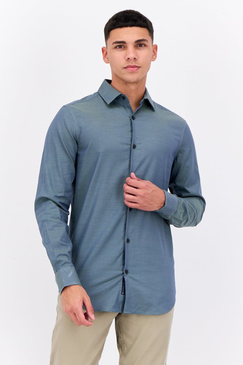 PERRY ELLIS قميص رجالي بقصة ضيقة بأكمام طويلة بتصميم عين الطائر، أخضر داكن - Image 1