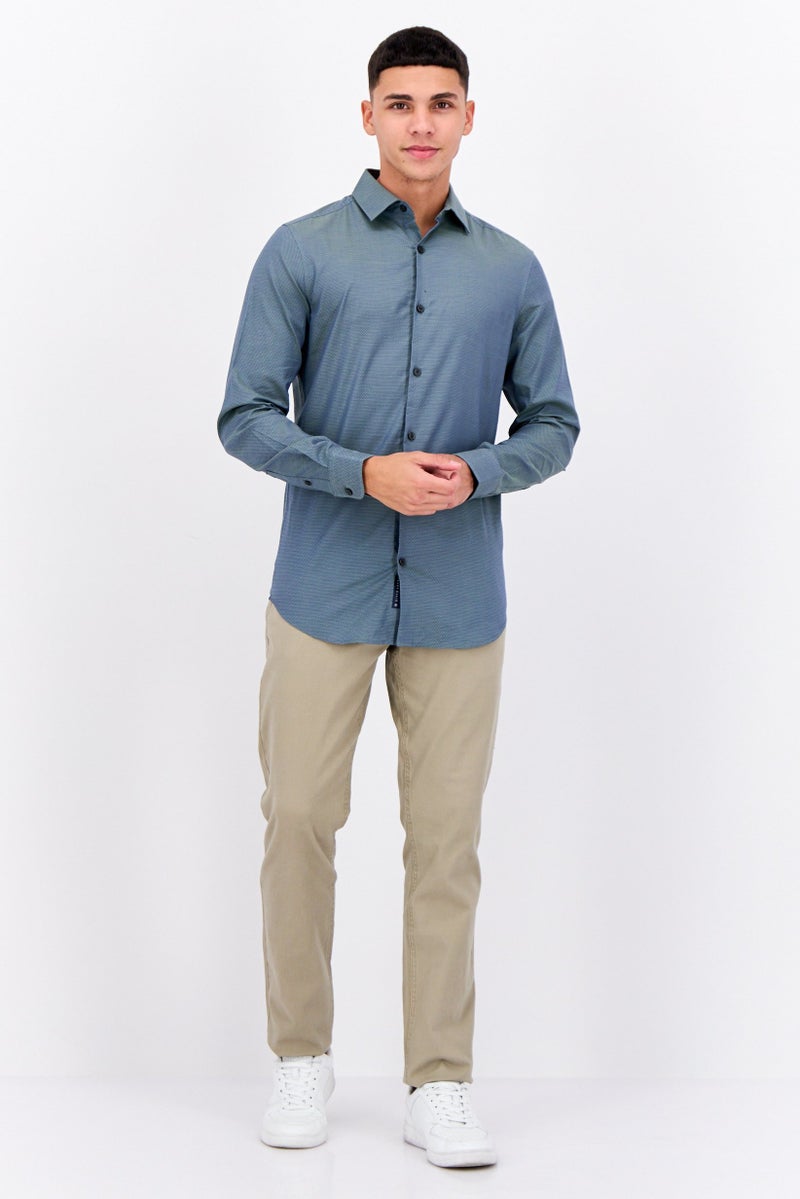 PERRY ELLIS قميص رجالي بقصة ضيقة بأكمام طويلة بتصميم عين الطائر، أخضر داكن - Image 4