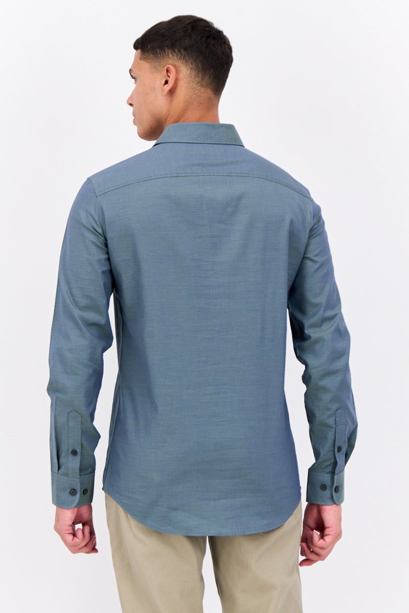 PERRY ELLIS قميص رجالي بقصة ضيقة بأكمام طويلة بتصميم عين الطائر، أخضر داكن - Image 3