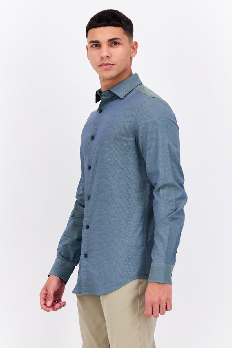 PERRY ELLIS قميص رجالي بقصة ضيقة بأكمام طويلة بتصميم عين الطائر، أخضر داكن - Image 2