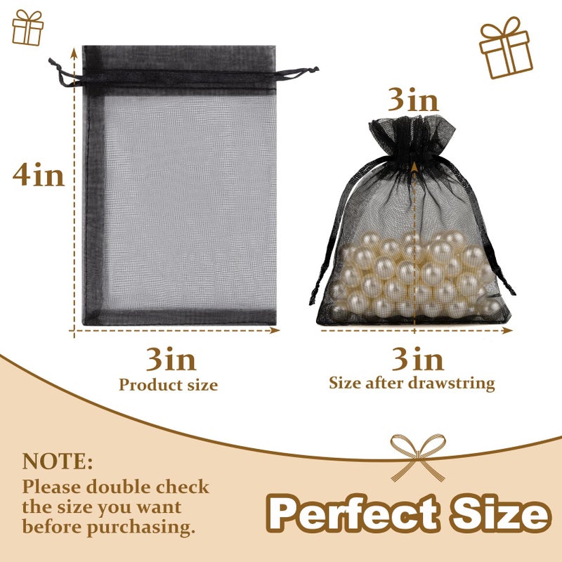 Crweety 50 Pcs Black Organza Bags 3x4 Inch, Small Mesh Gift Bags Drawstring for Jewelry Bracelet Packaging, Premium Sheer Gift Pouch for Wedding Party Favor & Christmas Halloween Treat - Image 2