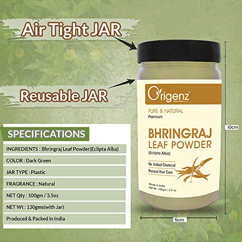Origenz Bhringraj Powder 100 gm for Hair Mask, Pack, Scalp Health, Nourihment, Anti-Dandruff | Natural Eclipta alba/False Daisy/Karisalankanni/Gunta galagaraku | In Jar 3.53 oz - Image 5