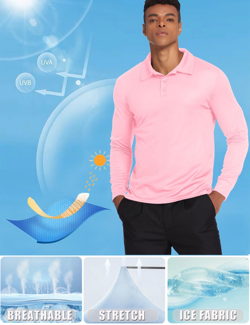 Deyeek Mens Polo Shirts Quick Dry Black Long Sleeve Polo Shirts for Men UPF 50+ Sun Protection Golf Polo Shirts Pink - Image 5
