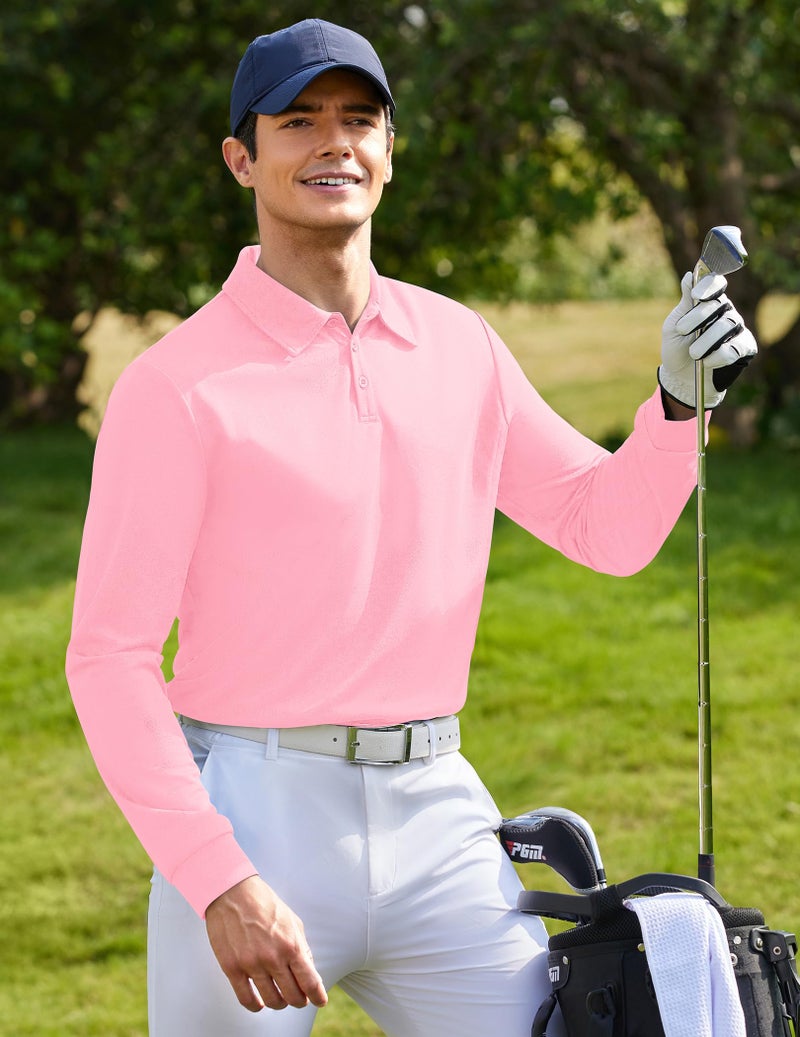Deyeek Mens Polo Shirts Quick Dry Black Long Sleeve Polo Shirts for Men UPF 50+ Sun Protection Golf Polo Shirts Pink - Image 3