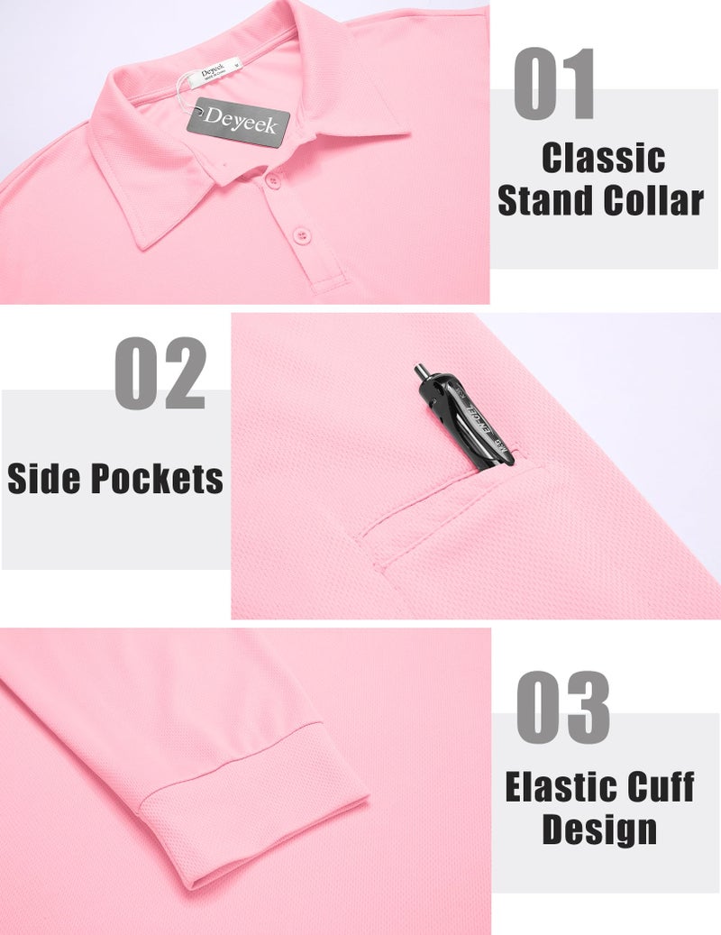 Deyeek Mens Polo Shirts Quick Dry Black Long Sleeve Polo Shirts for Men UPF 50+ Sun Protection Golf Polo Shirts Pink - Image 4