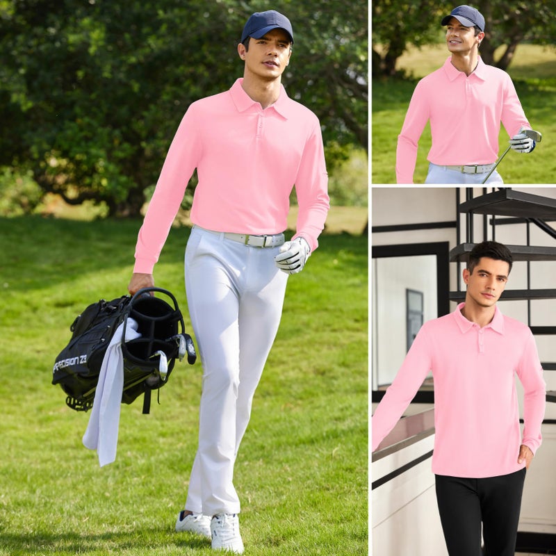 Deyeek Mens Polo Shirts Quick Dry Black Long Sleeve Polo Shirts for Men UPF 50+ Sun Protection Golf Polo Shirts Pink - Image 2