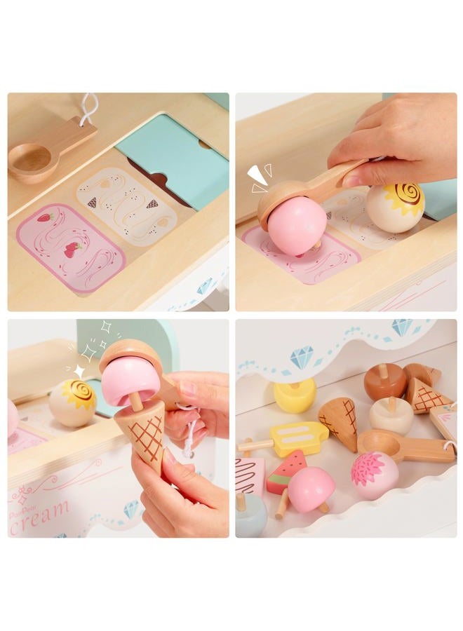 PairPear Large Wooden Ice Cream & Grocery Cart, 2 in 1 Pretend Play Ice Cream Truck Market Stand with 15 Play Food Pieces, Rolling Food Truck Toy for Kids Ages 3+ - Image 4