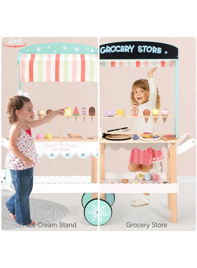 PairPear Large Wooden Ice Cream & Grocery Cart, 2 in 1 Pretend Play Ice Cream Truck Market Stand with 15 Play Food Pieces, Rolling Food Truck Toy for Kids Ages 3+ - Image 2