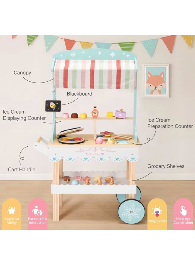 PairPear Large Wooden Ice Cream & Grocery Cart, 2 in 1 Pretend Play Ice Cream Truck Market Stand with 15 Play Food Pieces, Rolling Food Truck Toy for Kids Ages 3+ - Image 5