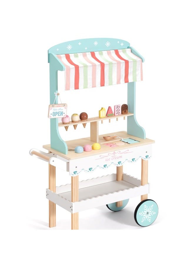 PairPear Large Wooden Ice Cream & Grocery Cart, 2 in 1 Pretend Play Ice Cream Truck Market Stand with 15 Play Food Pieces, Rolling Food Truck Toy for Kids Ages 3+ - Image 1