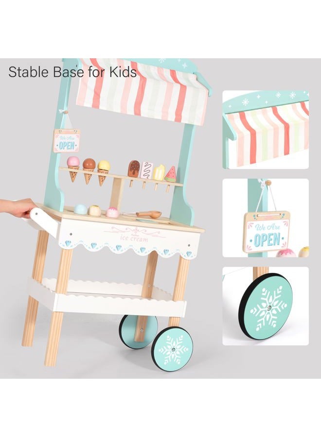 PairPear Large Wooden Ice Cream & Grocery Cart, 2 in 1 Pretend Play Ice Cream Truck Market Stand with 15 Play Food Pieces, Rolling Food Truck Toy for Kids Ages 3+ - Image 3