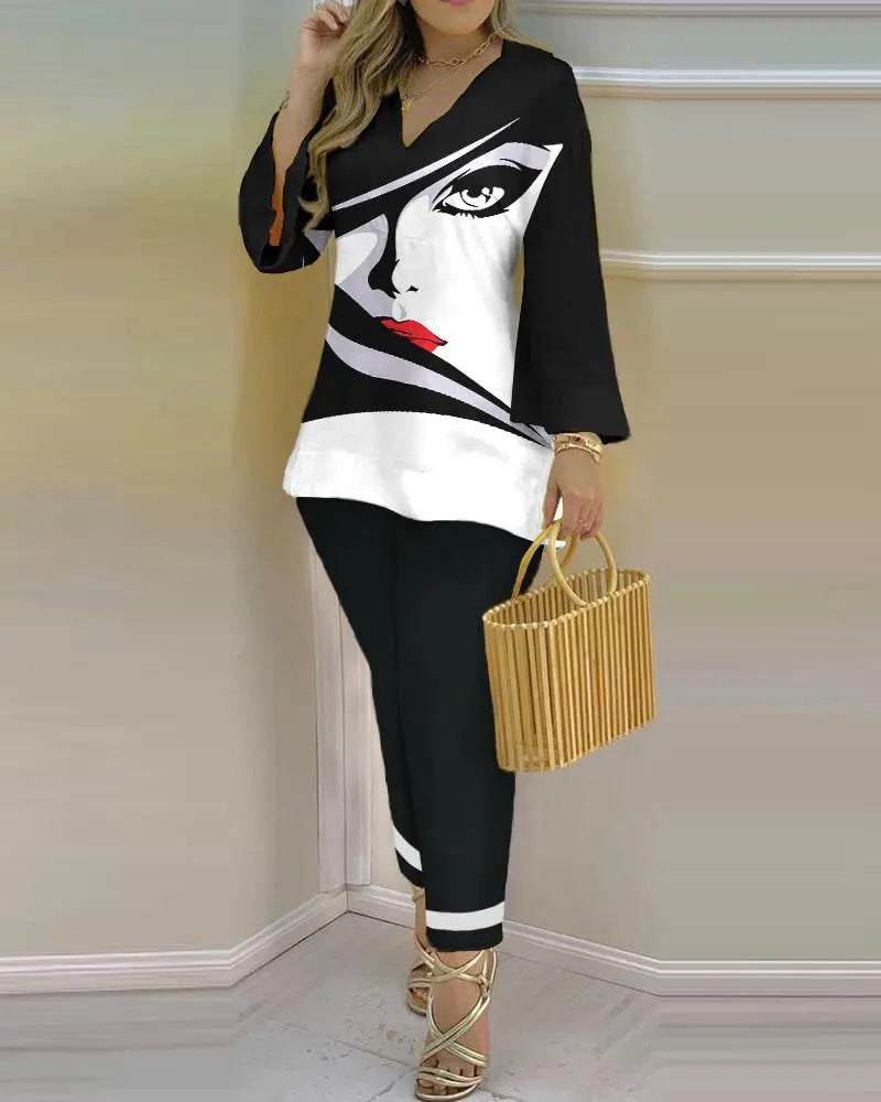 2023 Spring V-Neck Long Sleeve Fashion Suit for Women color printing - Image 3