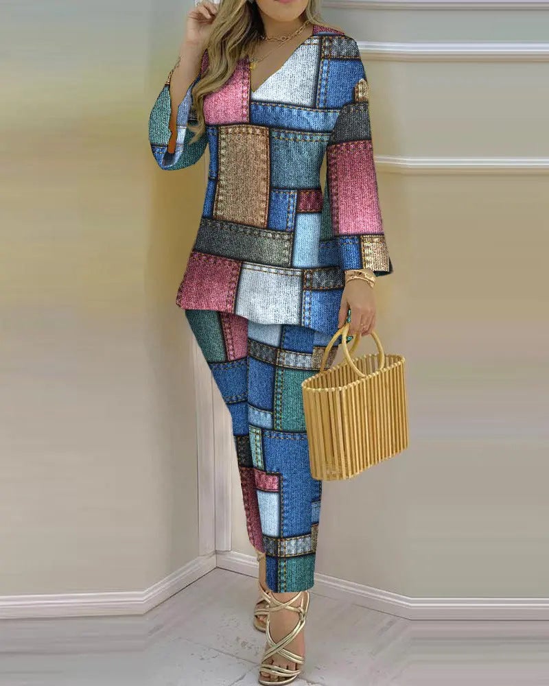 2023 Spring V-Neck Long Sleeve Fashion Suit for Women color printing - Image 4