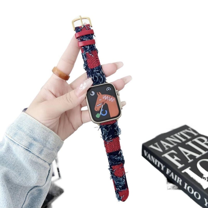 QX سوار ساعة ذكية سوار جلدي كلاسيكي متوافق مع Apple Watch بملاءمة قابلة للتعديل وحزام بديل للاستخدام اليومي باللون أحمر قابل للتعديل باللون الأحمر - Image 1