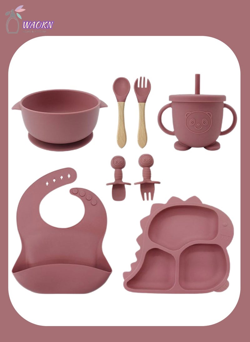 WAOKN - 8Pcs Baby Silicone Tableware Set Special For Infants To Eat Their Own Training Tableware Set Including Complementary Food Bowl Sippy Cup Dinner Plate Bib Fork And Spoon(Brick red) - Image 1