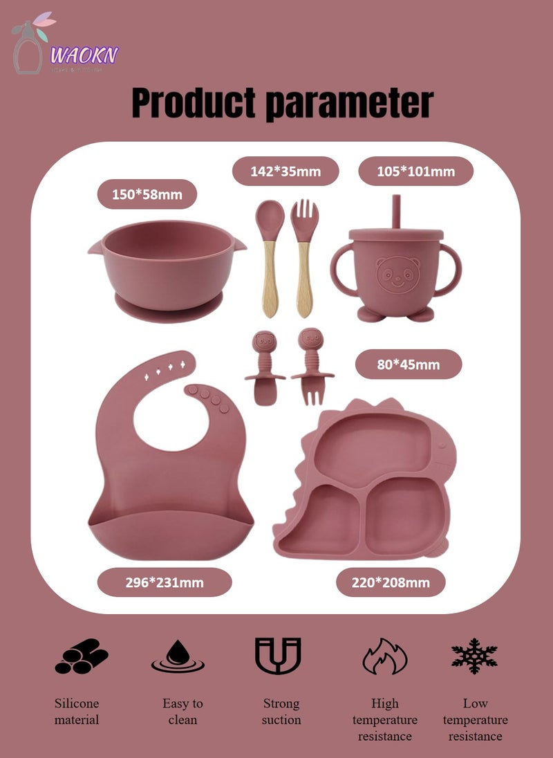 WAOKN - 8Pcs Baby Silicone Tableware Set Special For Infants To Eat Their Own Training Tableware Set Including Complementary Food Bowl Sippy Cup Dinner Plate Bib Fork And Spoon(Brick red) - Image 1