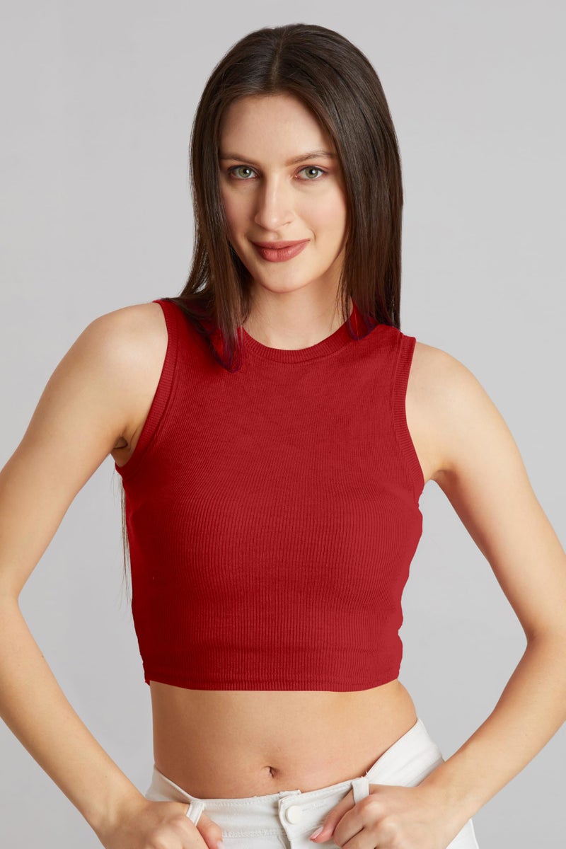 Berry&Bird BERRY BIRD® Stylish Sleeveless Round Neck Ribbed Tank Tops for Women & Girls Slim Fit Collarless Beach, Gym Wear and Western Trendy Fashion Red - Image 3