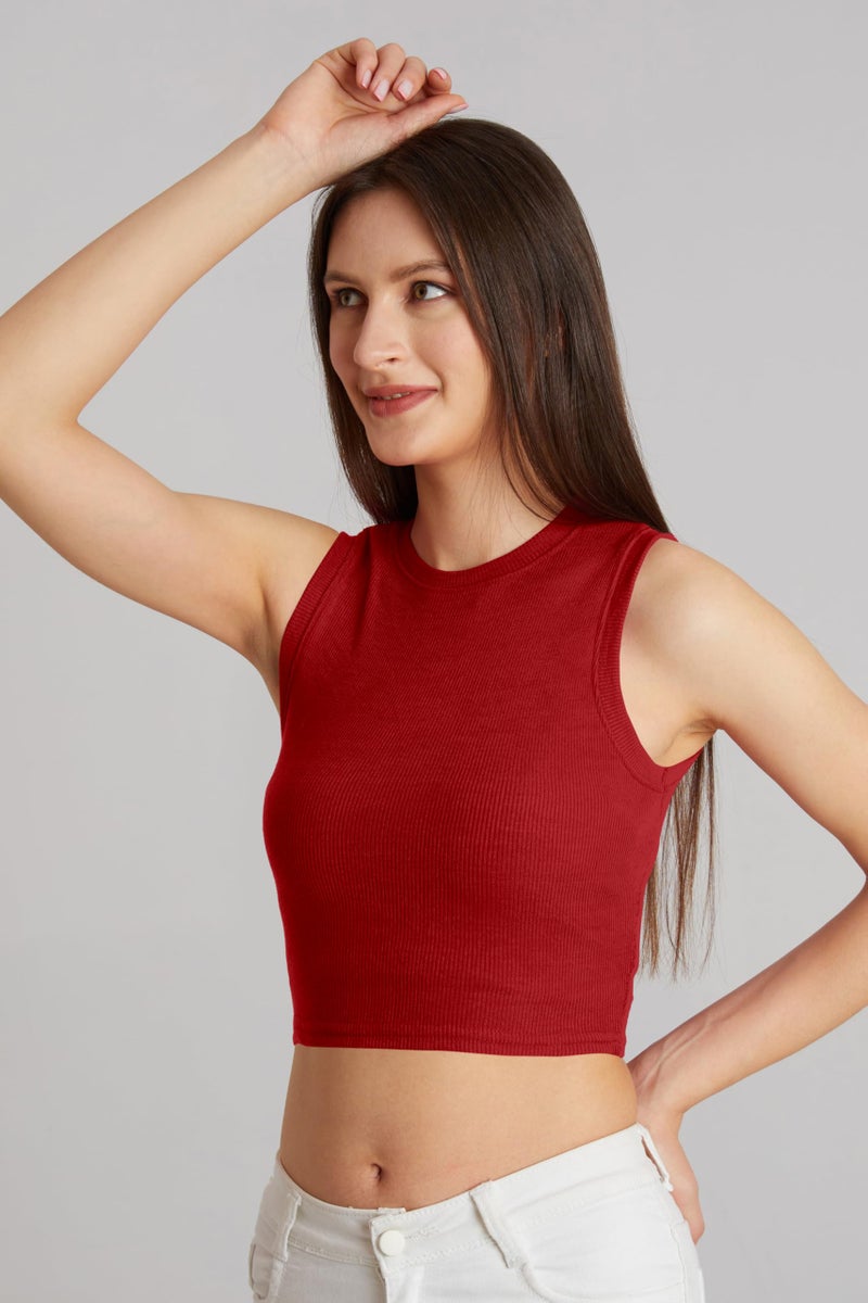 Berry&Bird BERRY BIRD® Stylish Sleeveless Round Neck Ribbed Tank Tops for Women & Girls Slim Fit Collarless Beach, Gym Wear and Western Trendy Fashion Red - Image 4