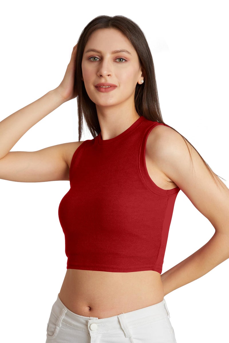 Berry&Bird BERRY BIRD® Stylish Sleeveless Round Neck Ribbed Tank Tops for Women & Girls Slim Fit Collarless Beach, Gym Wear and Western Trendy Fashion Red - Image 1