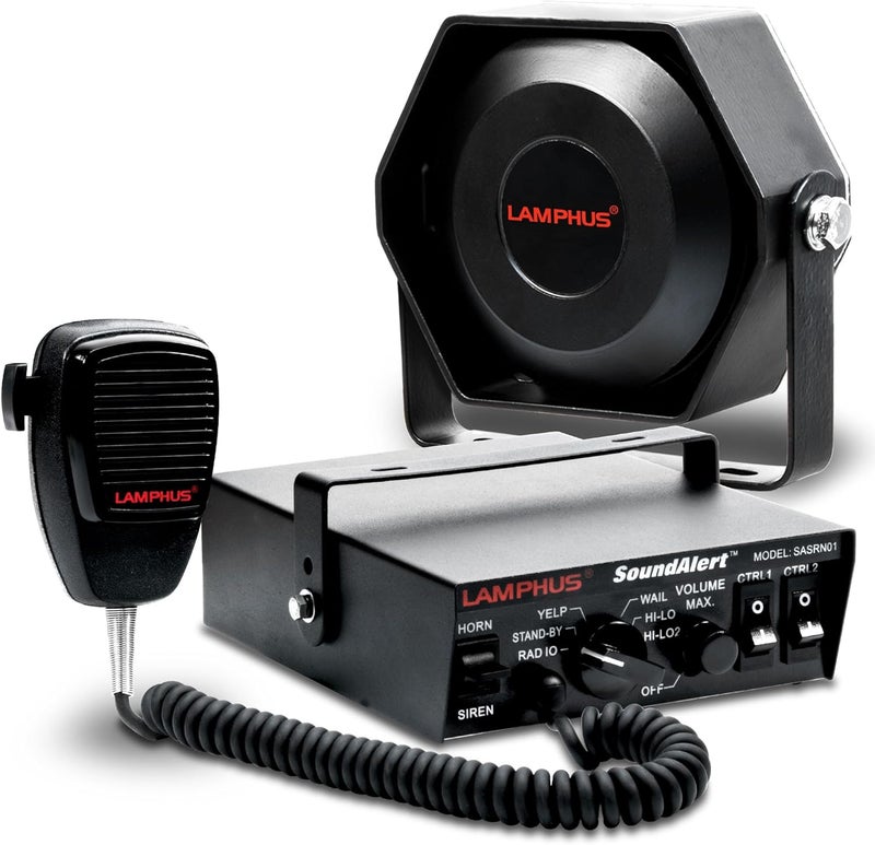 LAMPHUS SoundAlert 12V 100W Police Siren PA System Kit [Slim Speaker] [118-124dB] [Handheld Microphone] [Hands-Free] Warning Emergency Siren for Vehicles Tow Truck UTV ATV Van Car POV RV - Image 1