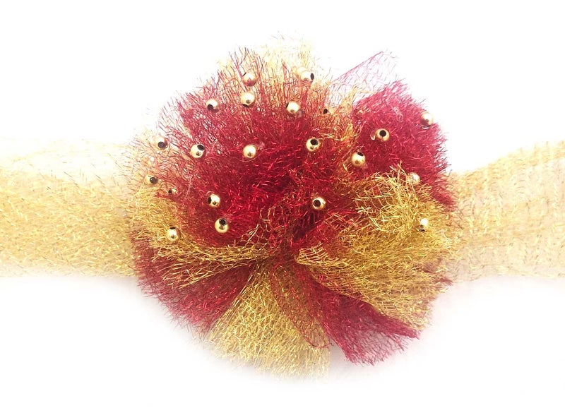 3A Featuretail 6Inch Size Ready to use Mesh Net Bow for Chair Decor, Gift Wrapping & Trousseau Gift Packing (5pc Set, Golden & Red Net Bow) - Image 1